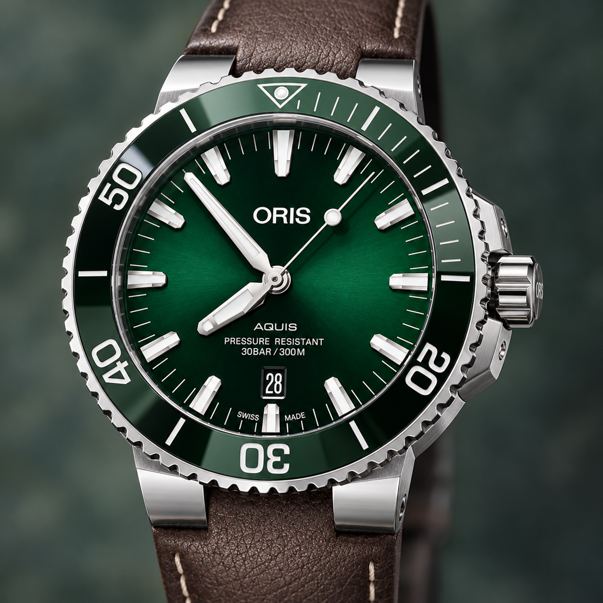 Oris Aquis Date 43.5mm Green Dial Brown Leather Automatic Men's Watch – dial macro