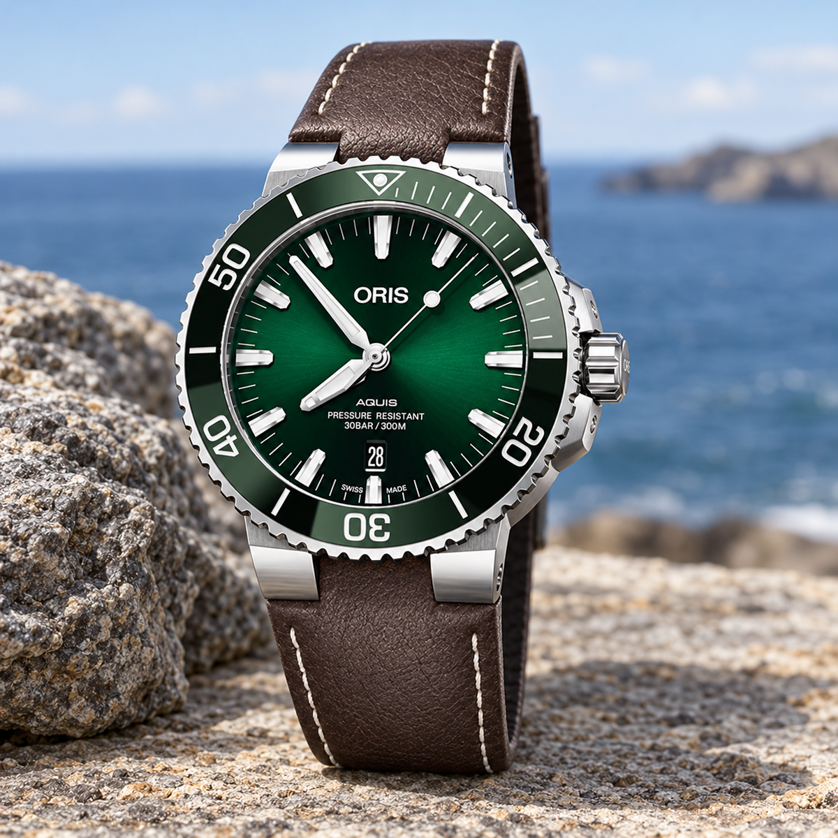 Oris Aquis Date 43.5mm Green Dial Brown Leather Automatic Men's Watch – coastal lifestyle