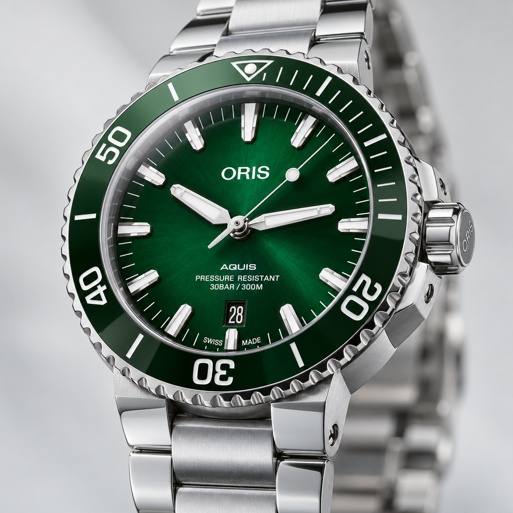 Oris Aquis Date 43.5mm Green Dial Steel Automatic Men's Watch – dial macro