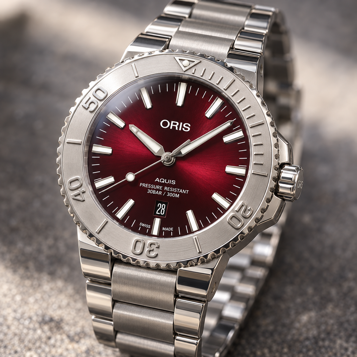 Oris Aquis Date Relief Cherry 43.5mm Red Dial Steel Automatic Men's Watch – dial macro