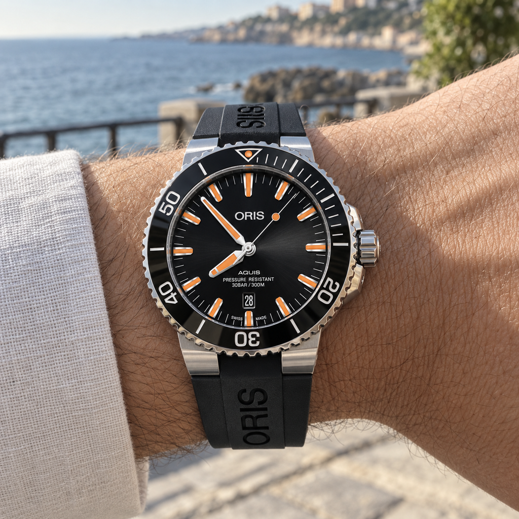Oris Aquis Date 43.5mm Black Orange Dial Black Rubber Automatic Men's Watch – wrist lifestyle