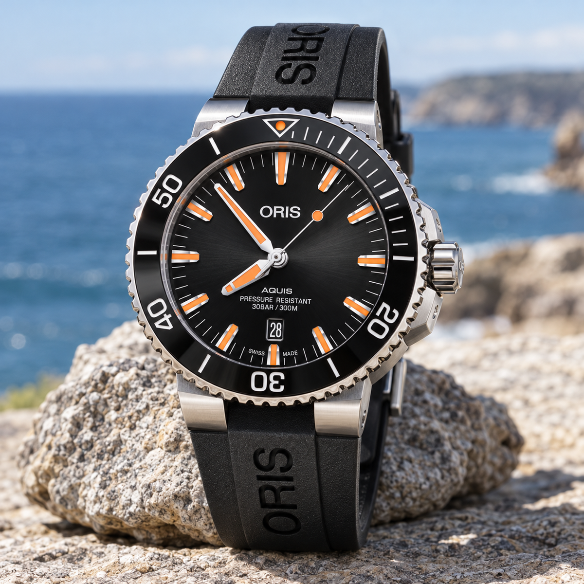 Oris Aquis Date 43.5mm Black Orange Dial Black Rubber Automatic Men's Watch – coastal lifestyle