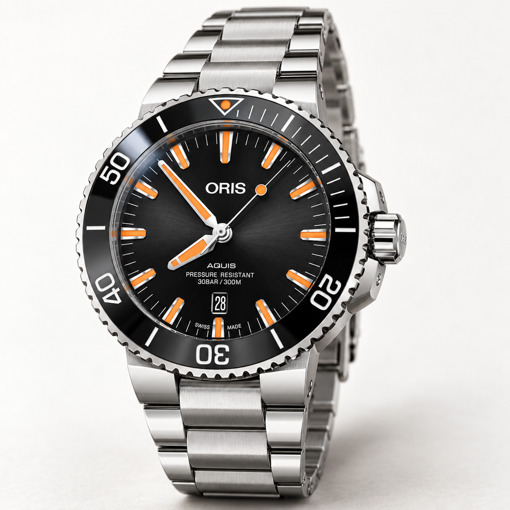 Oris Aquis Date 43.5mm Black Orange Dial Steel Automatic Men's Watch – studio