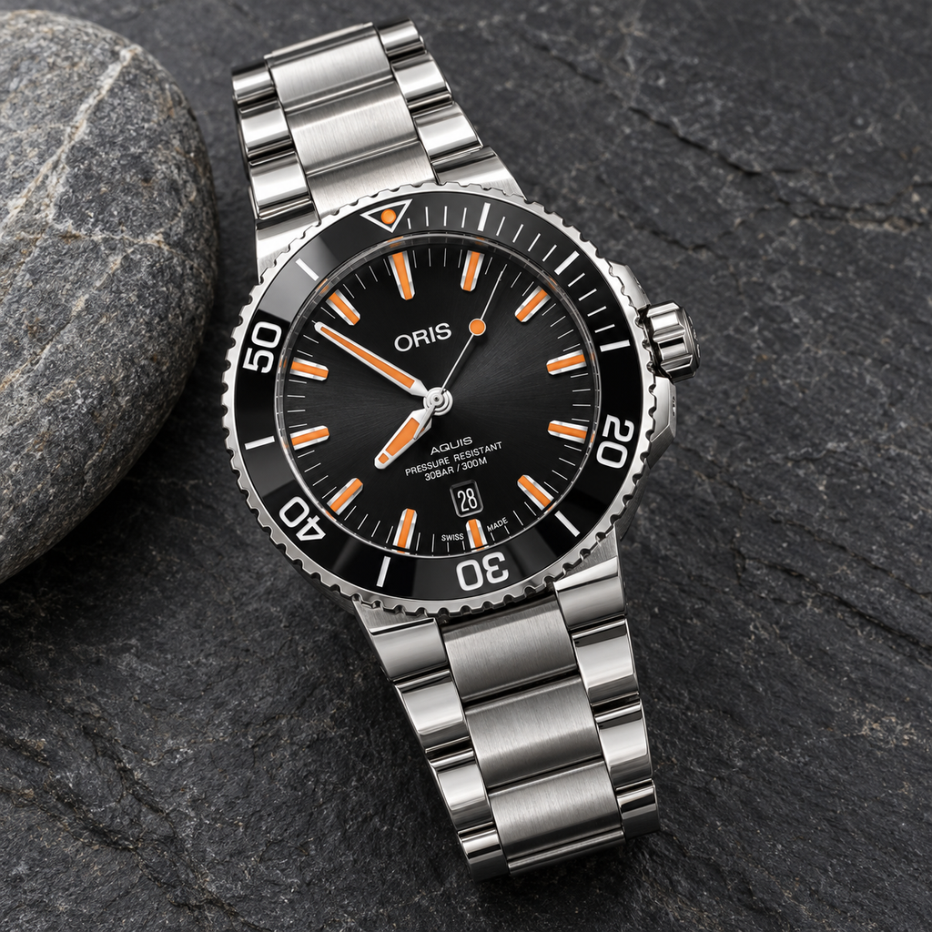 Oris Aquis Date 43.5mm Black Orange Dial Steel Automatic Men's Watch – stone still life