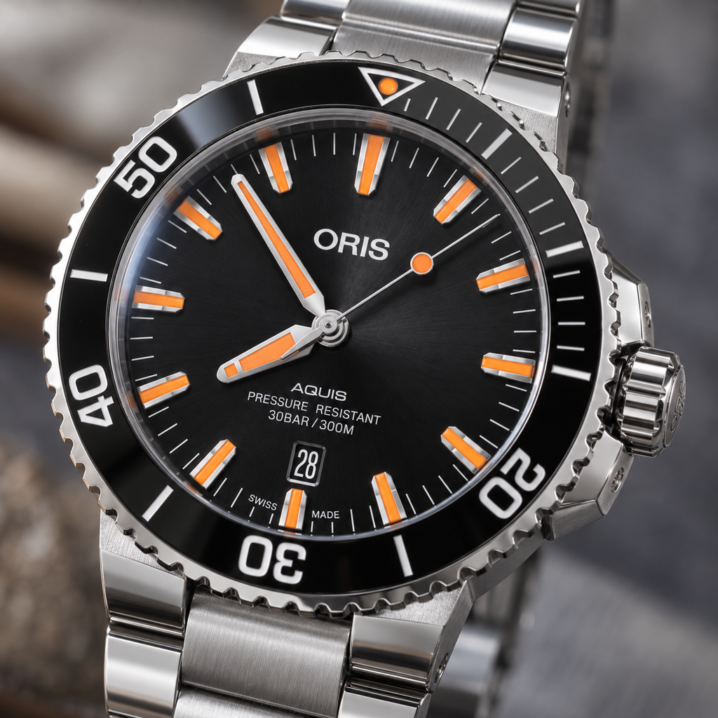 Oris Aquis Date 43.5mm Black Orange Dial Steel Automatic Men's Watch – dial macro