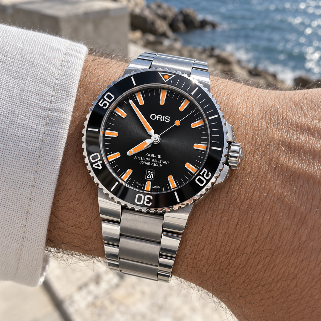 Oris Aquis Date 43.5mm Black Orange Dial Steel Automatic Men's Watch – wrist lifestyle