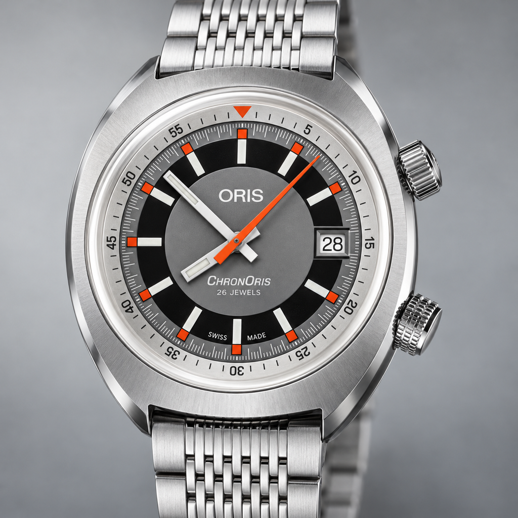 Oris Chronoris Date 39mm Grey Dial Steel Automatic Men's Watch – dial macro