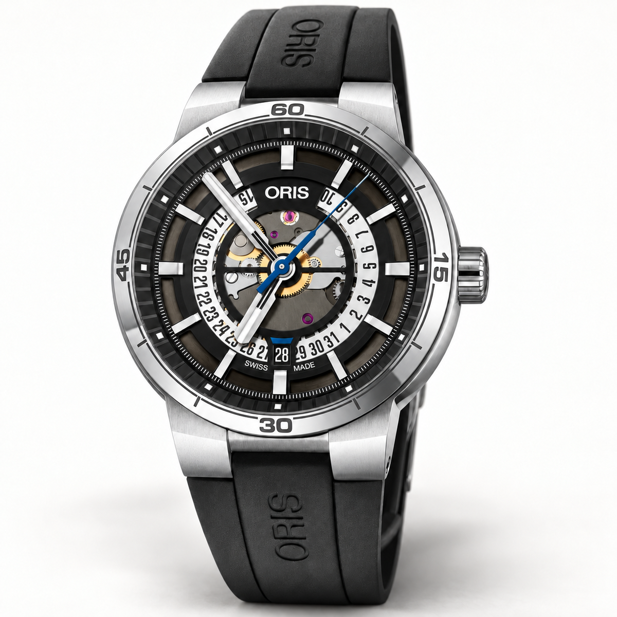 Oris TT1 Engine Date 42mm Black Skeleton Dial Black Rubber Automatic Men's Watch – studio