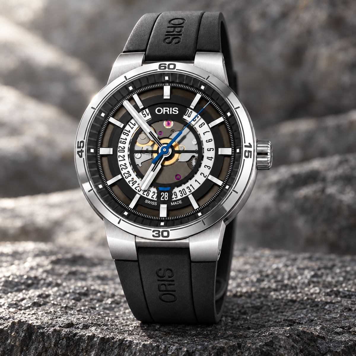 Oris TT1 Engine Date 42mm Black Skeleton Dial Black Rubber Automatic Men's Watch – stone still life