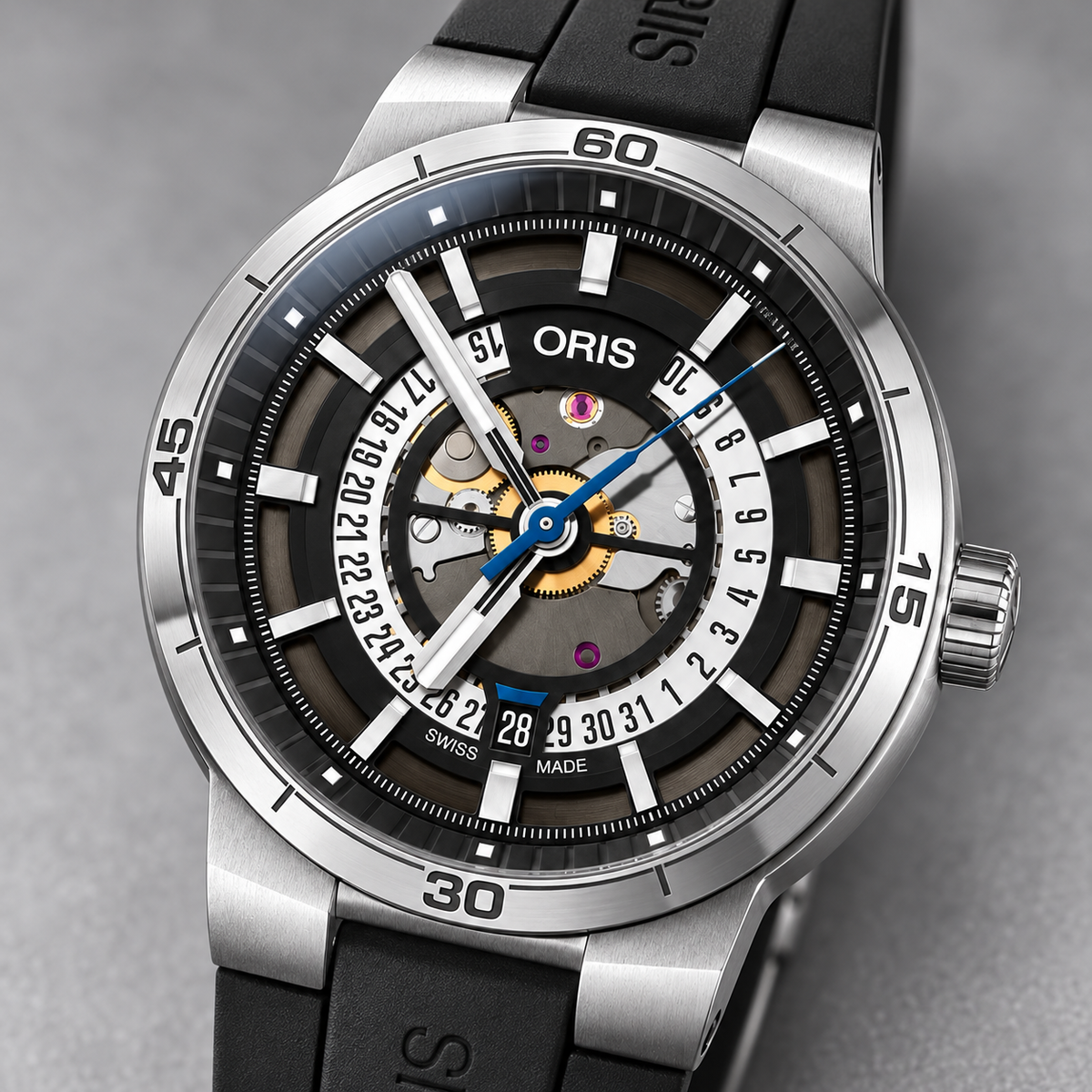 Oris TT1 Engine Date 42mm Black Skeleton Dial Black Rubber Automatic Men's Watch – dial macro