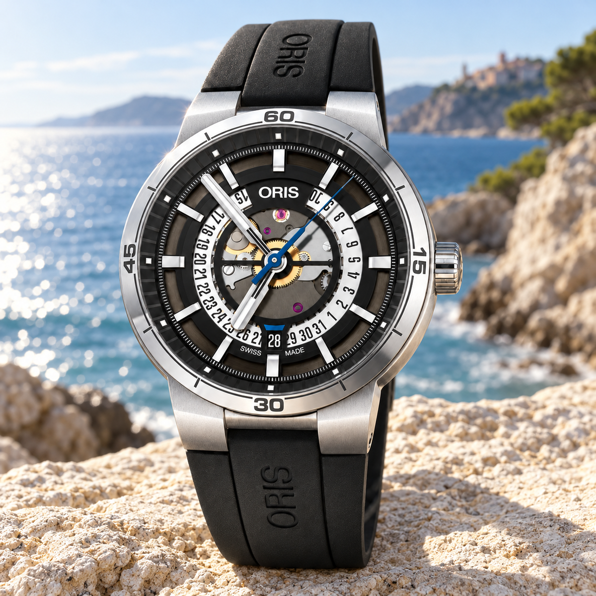 Oris TT1 Engine Date 42mm Black Skeleton Dial Black Rubber Automatic Men's Watch – coastal lifestyle
