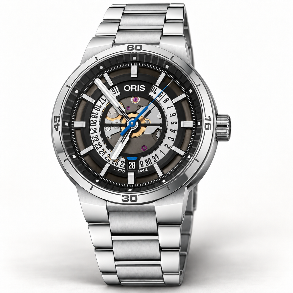 Oris TT1 Engine Date 42mm Black Skeleton Dial Steel Bracelet Automatic Men's Watch – studio