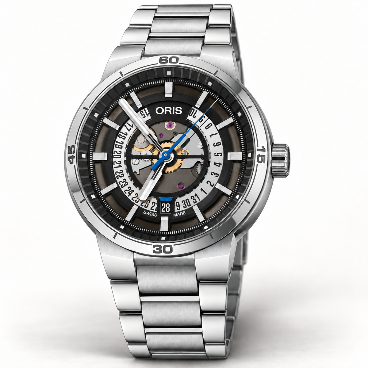 Oris TT1 Engine Date 42mm Black Skeleton Dial Steel Bracelet Automatic Men's Watch – studio