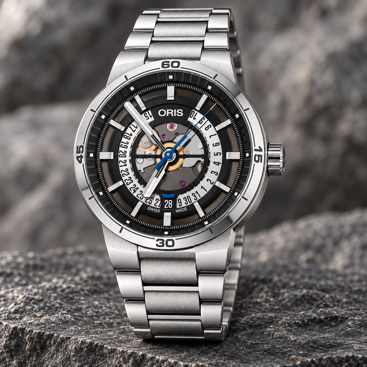 Oris TT1 Engine Date 42mm Black Skeleton Dial Steel Bracelet Automatic Men's Watch – stone still life