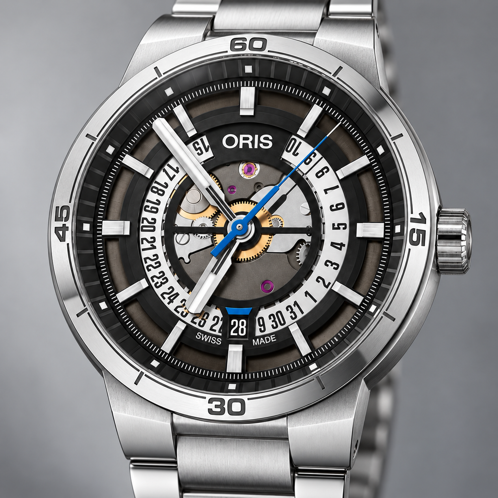 Oris TT1 Engine Date 42mm Black Skeleton Dial Steel Bracelet Automatic Men's Watch – dial macro