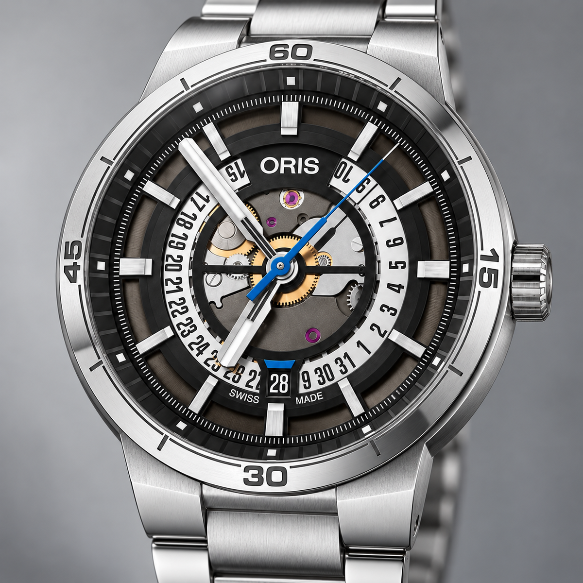 Oris TT1 Engine Date 42mm Black Skeleton Dial Steel Bracelet Automatic Men's Watch – dial macro