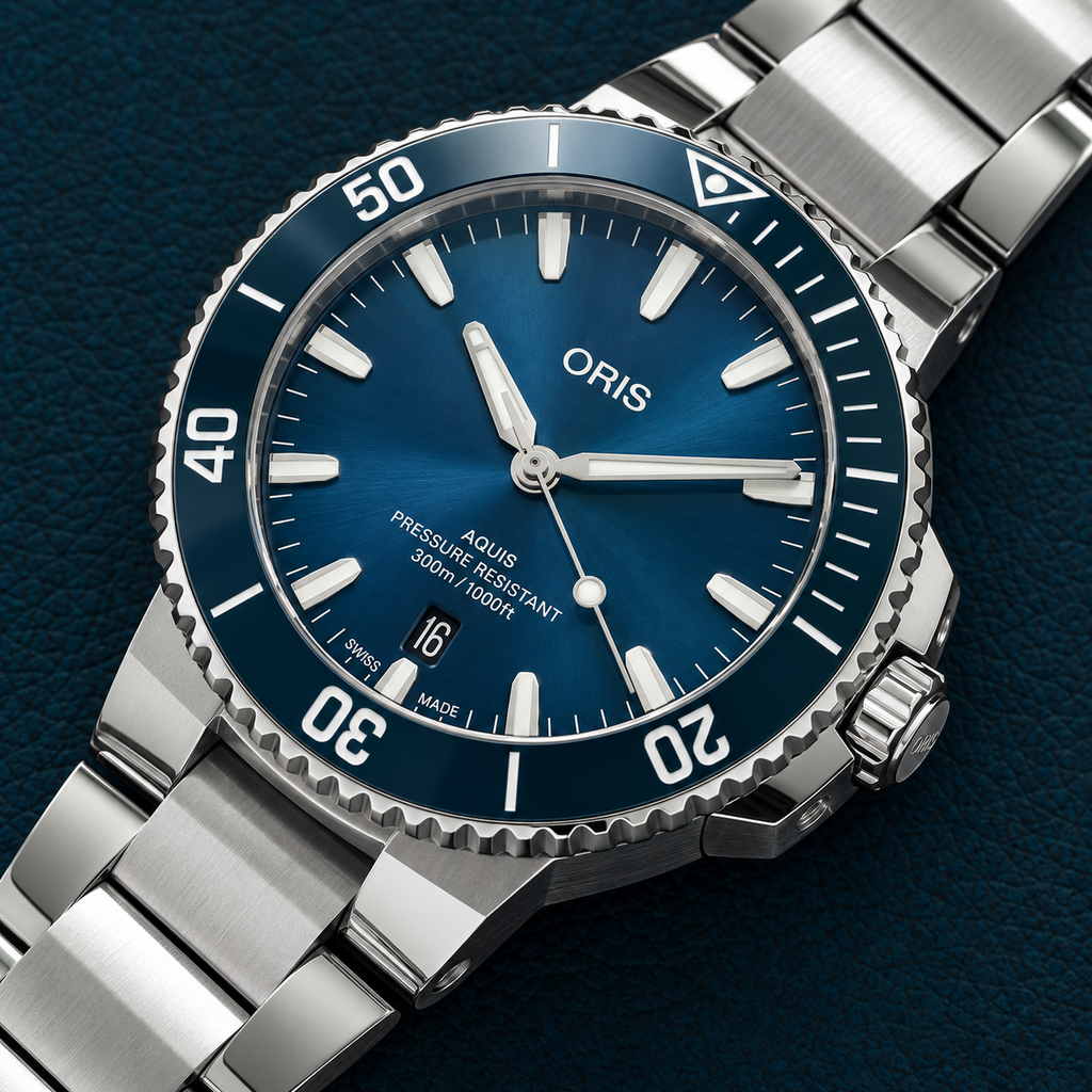 Oris Aquis Date 41.5mm blue dial steel bracelet – dial macro