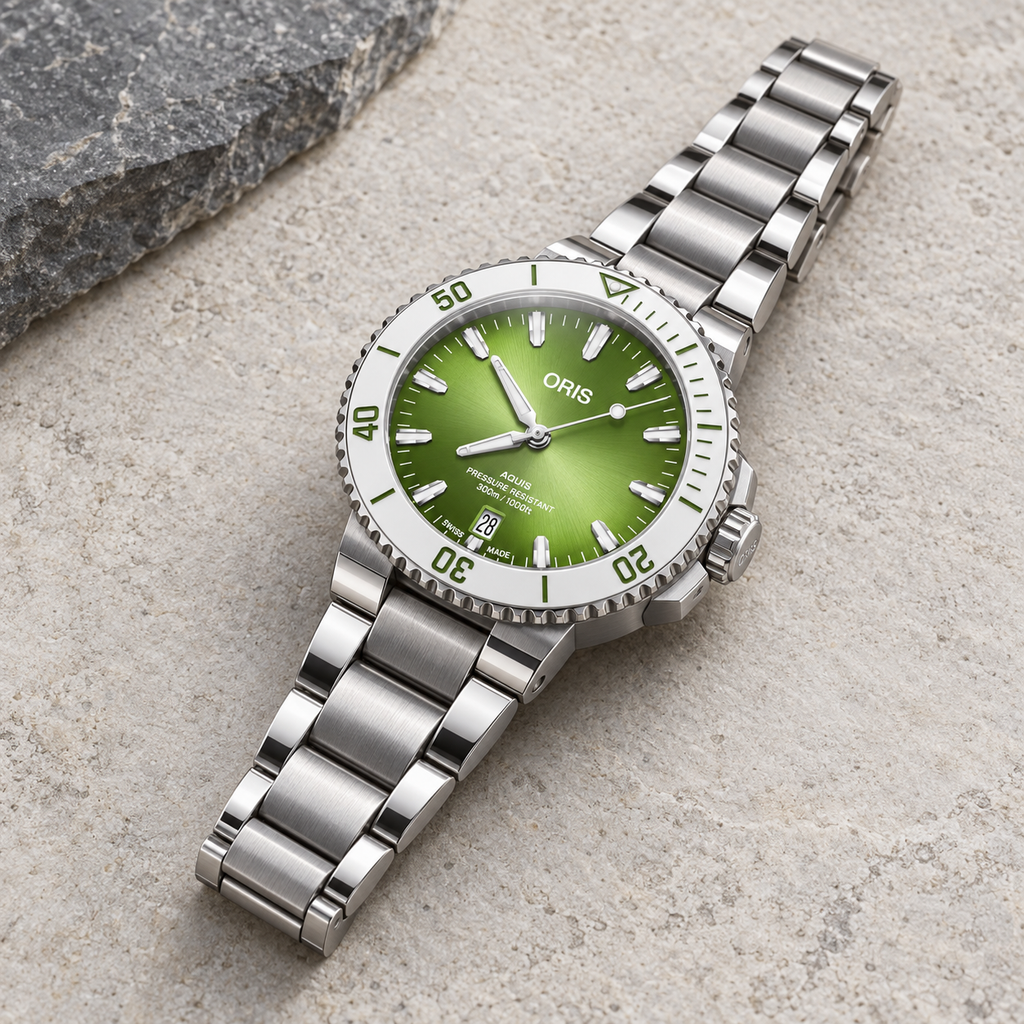 Oris Aquis Date Taste of Summer 41.5mm green dial white bezel steel bracelet – stone still life
