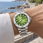 Oris Aquis Date Taste of Summer 41.5mm green dial white bezel steel bracelet – wrist lifestyle