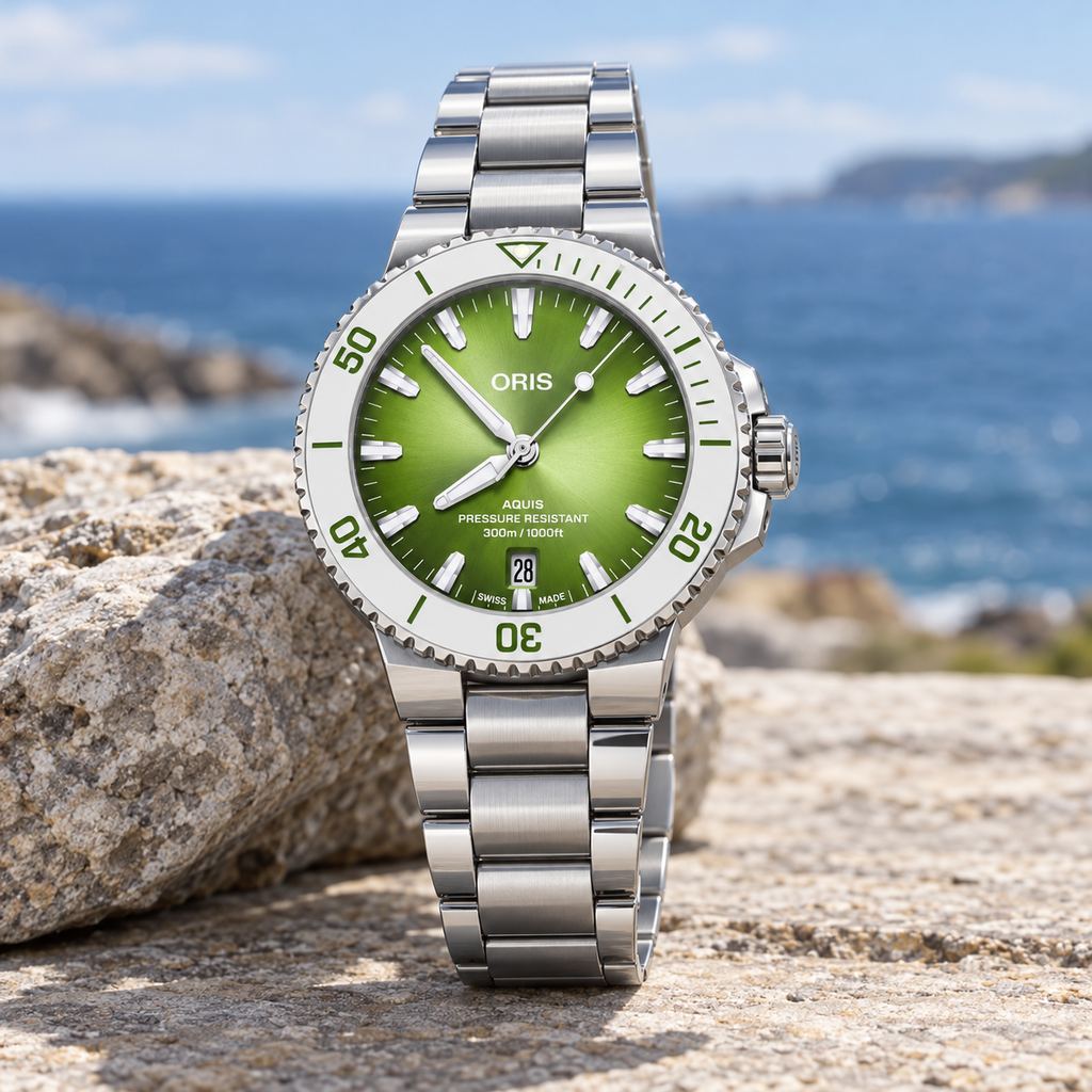 Oris Aquis Date Taste of Summer 41.5mm green dial white bezel steel bracelet – coastal lifestyle