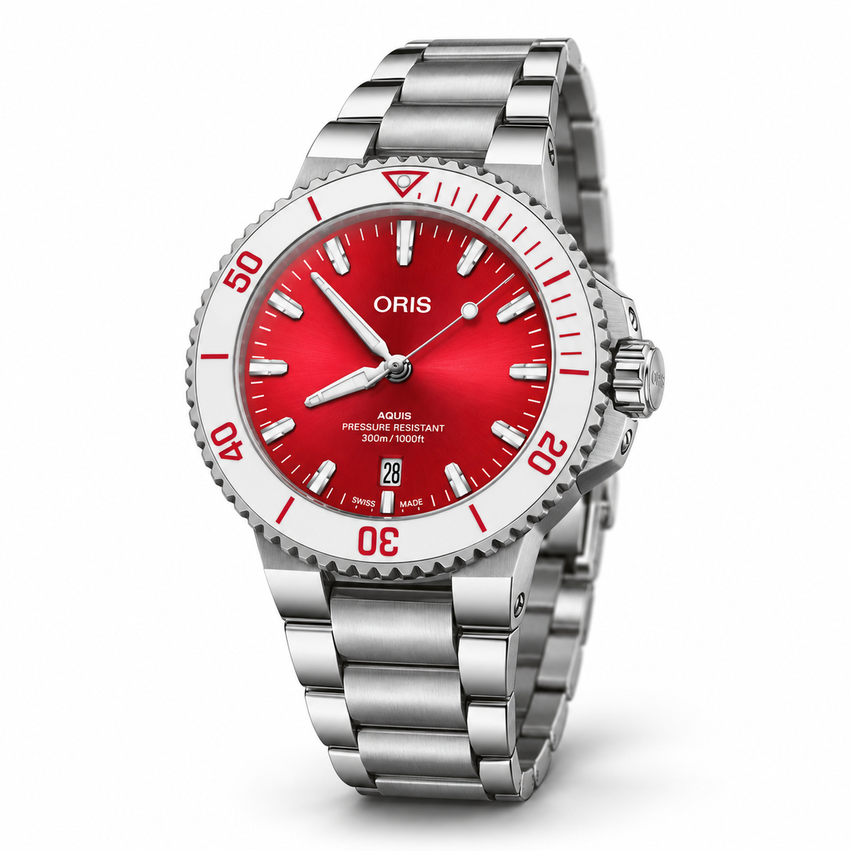 Oris Aquis Date Taste of Summer 41.5mm watermelon-red dial steel bracelet – studio