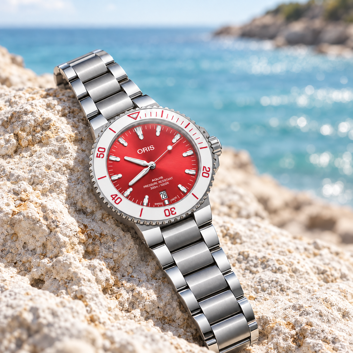 Oris Aquis Date Taste of Summer 41.5mm watermelon-red dial steel bracelet – coastal lifestyle