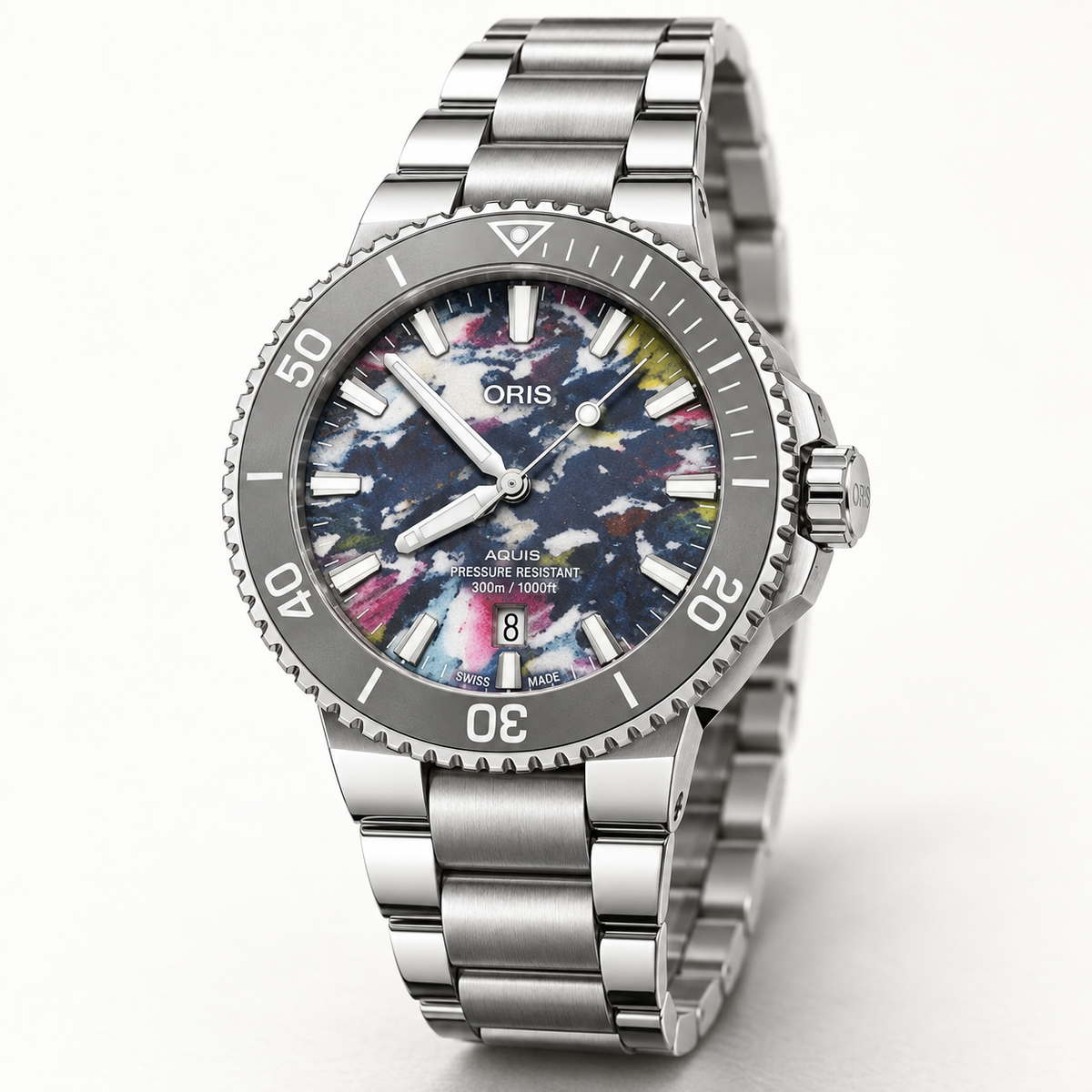 Oris Aquis Date Upcycle 41.5mm pictured multicolor PET dial steel bracelet – studio