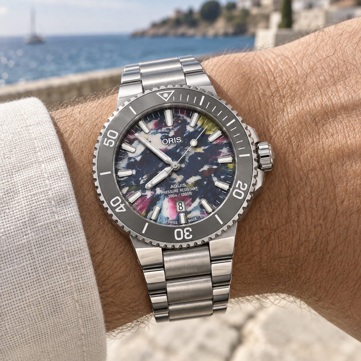 Oris Aquis Date Upcycle 41.5mm pictured multicolor PET dial steel bracelet – wrist lifestyle