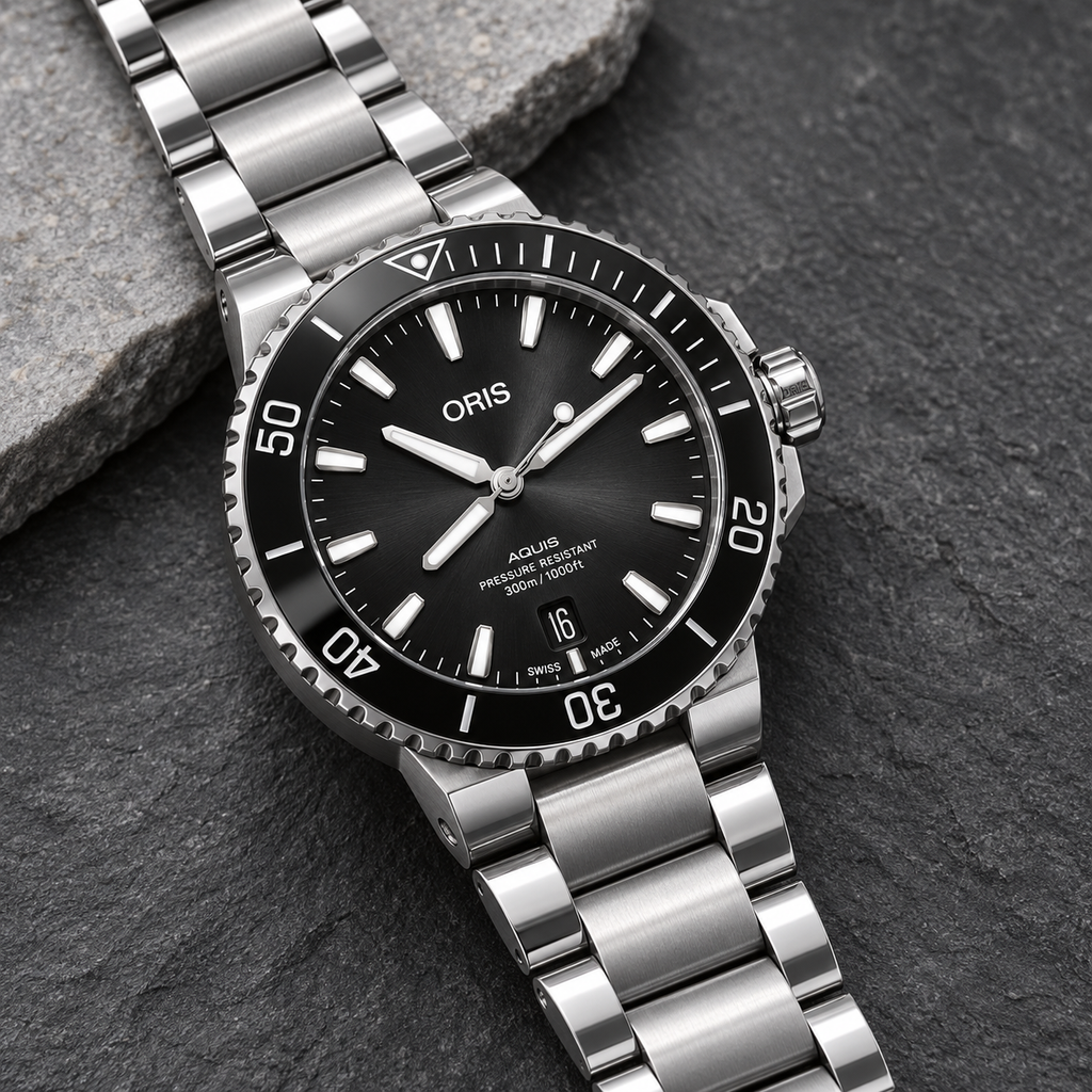 Oris Aquis Date 41.5mm black dial steel bracelet – slate still life