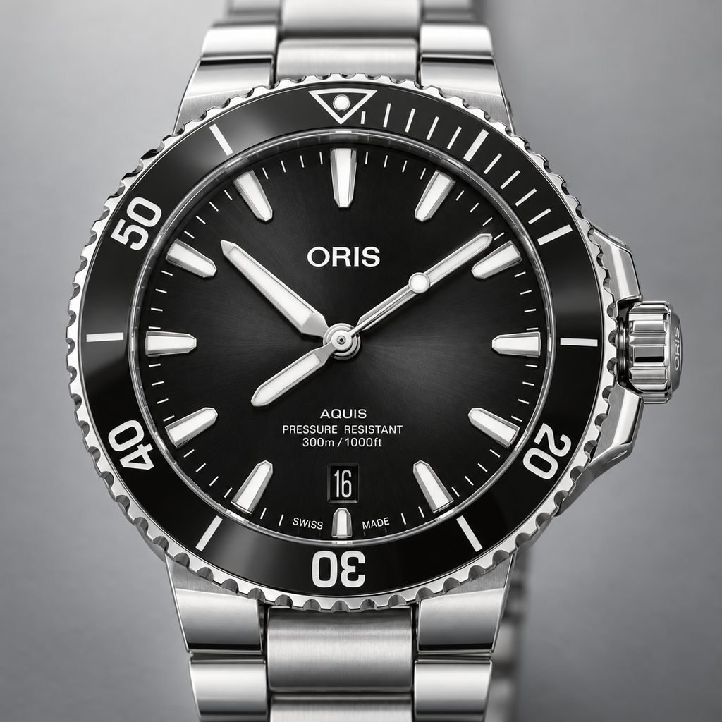 Oris Aquis Date 41.5mm black dial steel bracelet – dial macro