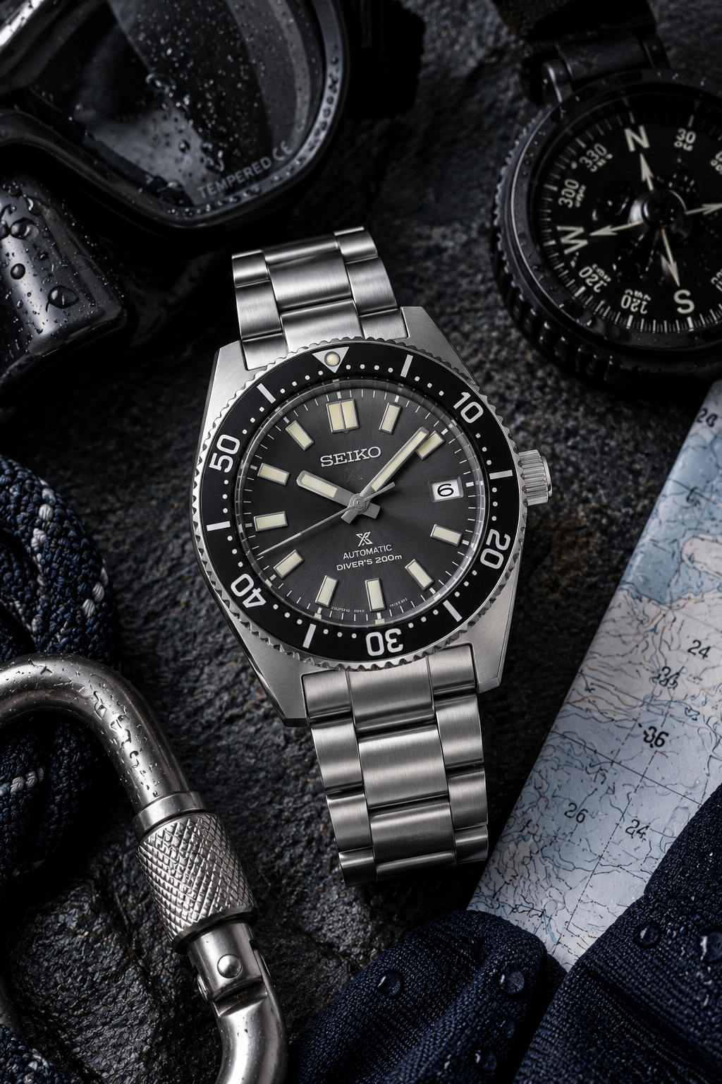 Seiko Prospex SPB143J1 dive gear flat lay