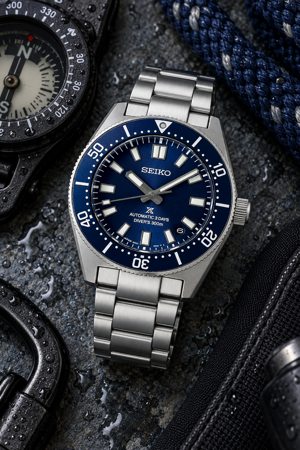 Seiko Prospex SPB451J1 dive gear flat lay