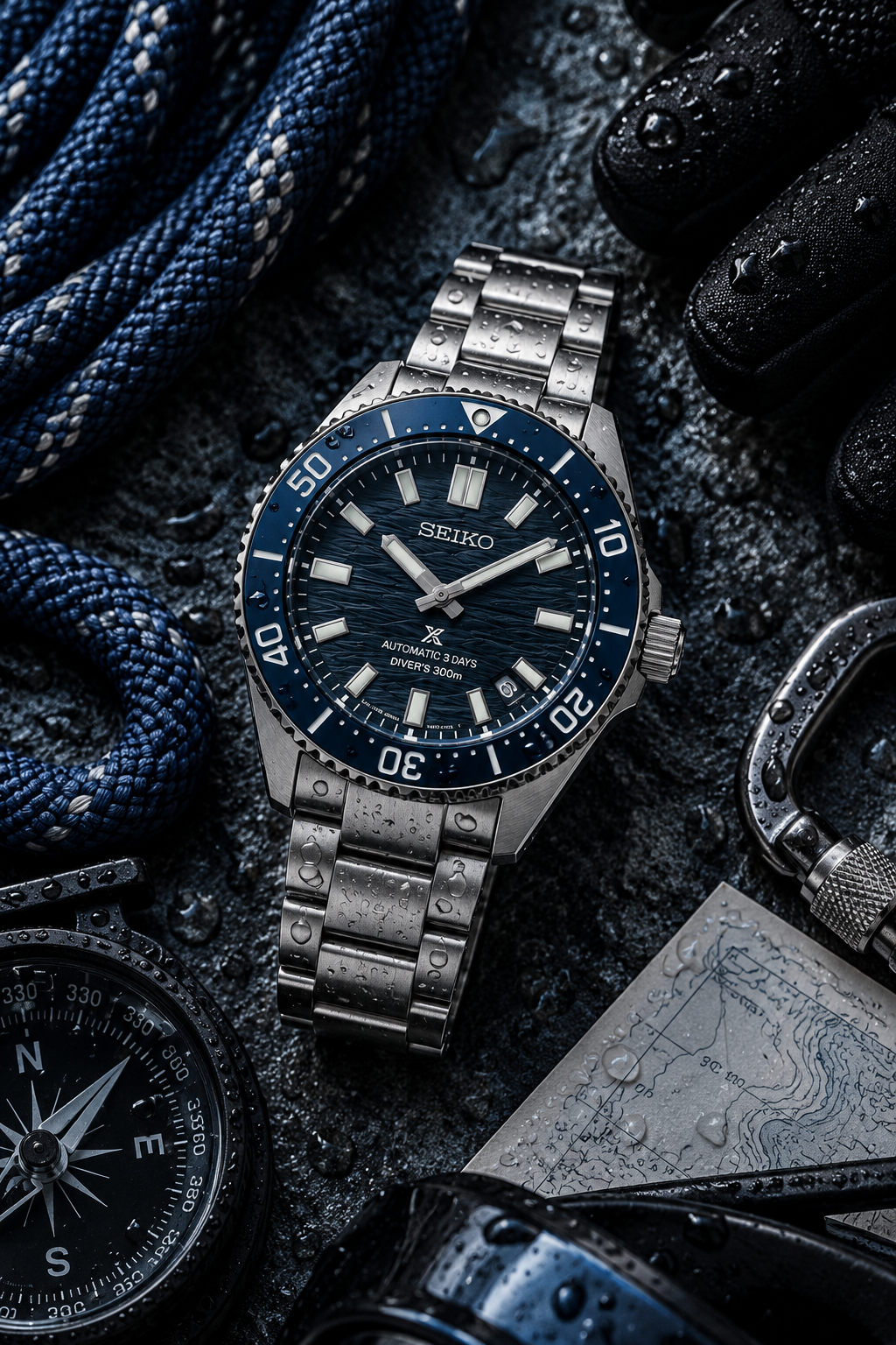Seiko Prospex SPB483J1 dive gear flat lay