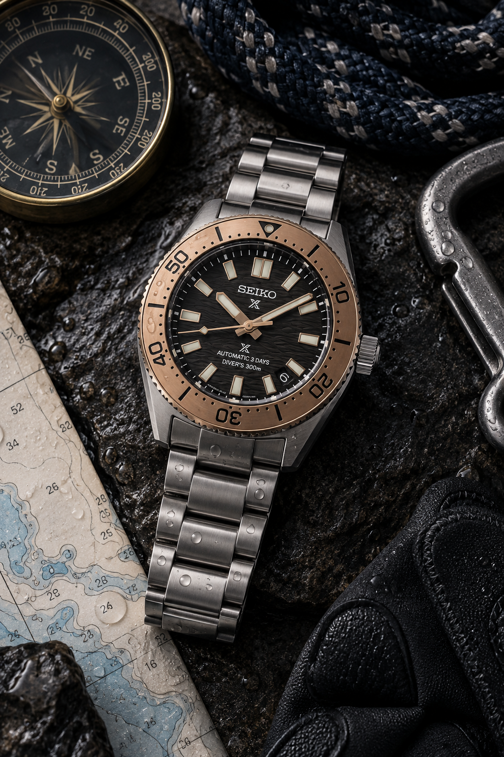 Seiko Prospex SPB485J1 dive gear flat lay