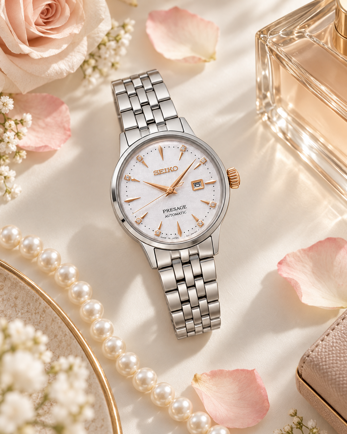 Seiko Presage SRE009J1 floral flat lay