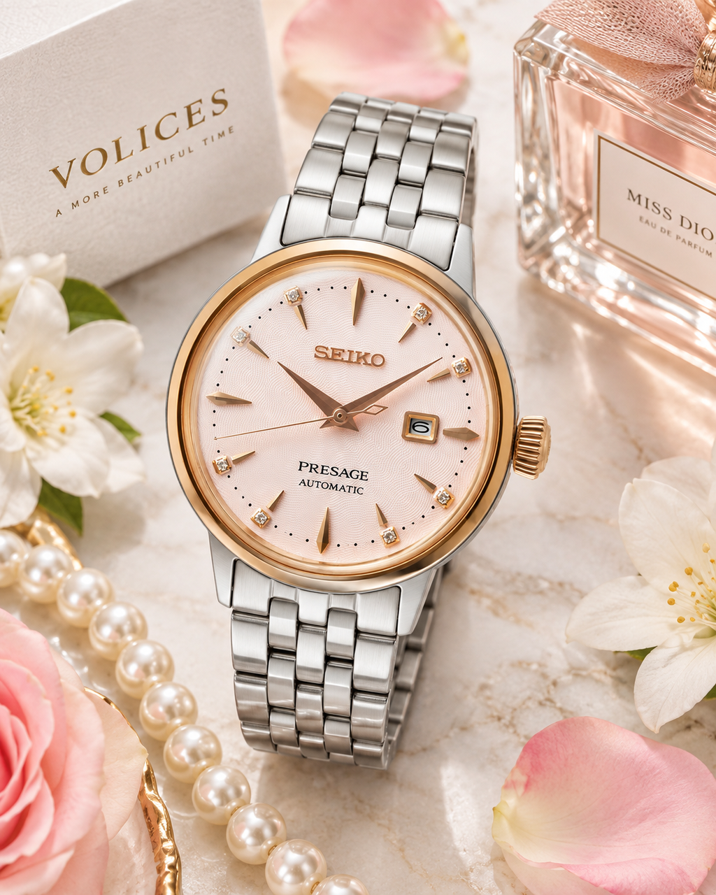 Seiko Presage SRE012J1 flat lay lifestyle