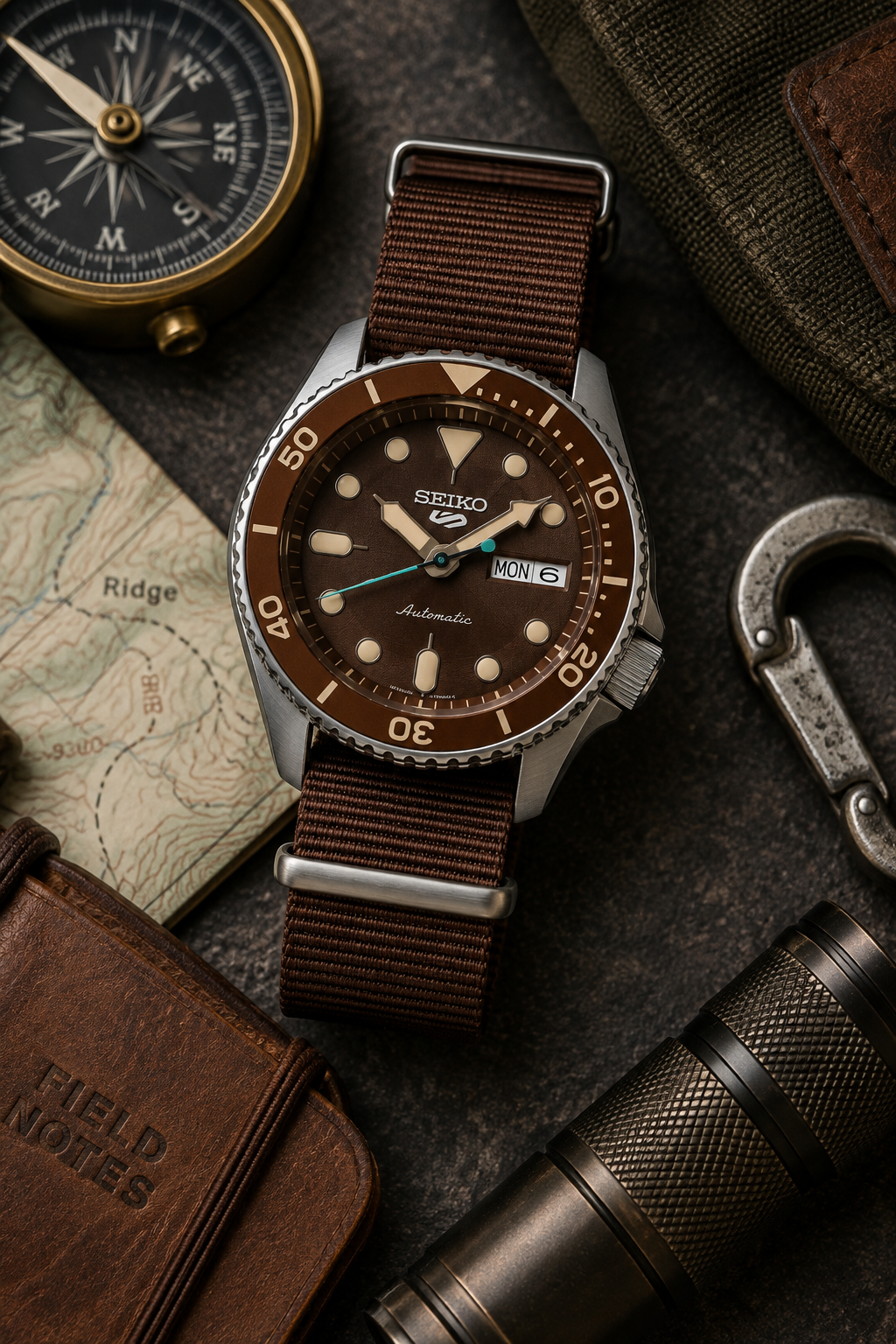 Seiko 5 Sports SRPD85K1 field gear flat lay
