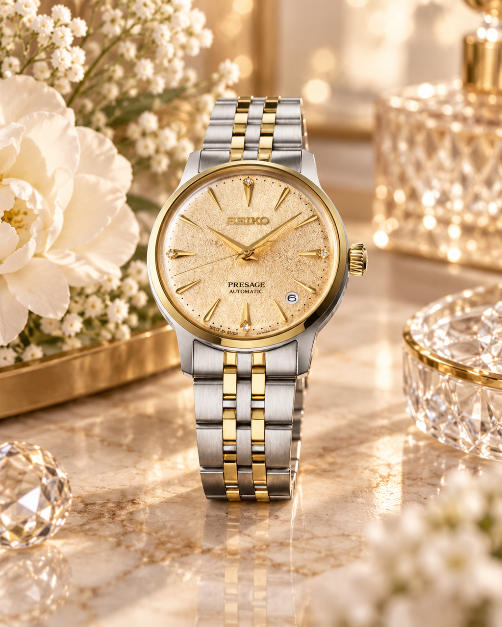 Seiko Presage SRPL64J1 floral lifestyle