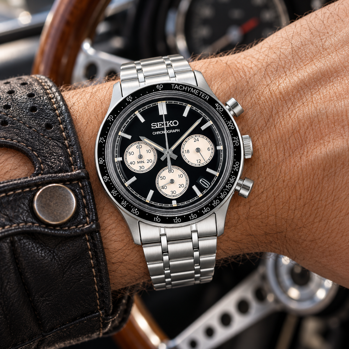 Seiko SSB479P1 reverse panda chronograph on wrist