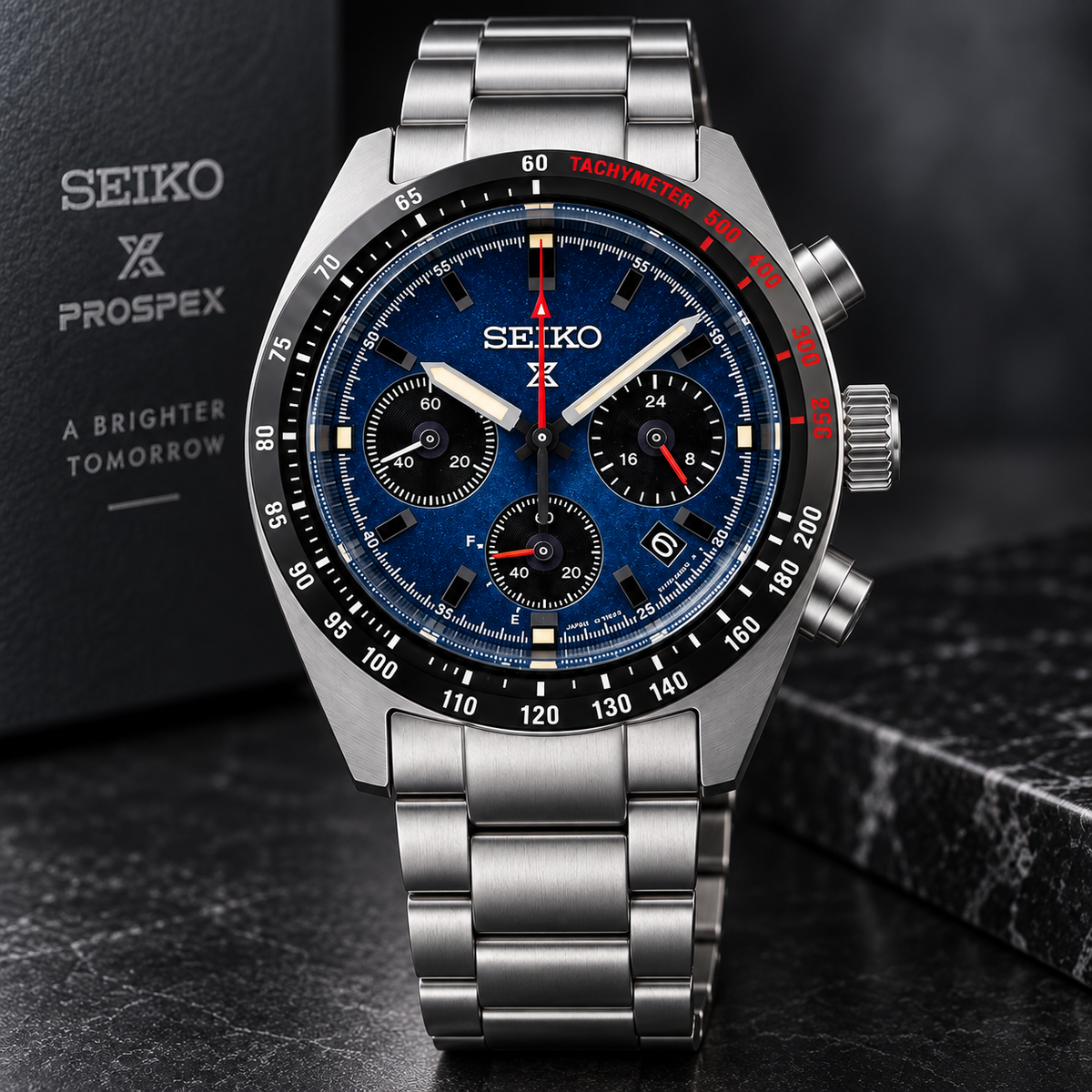 Seiko Prospex Speedtimer SSC815 blue dial angled product view