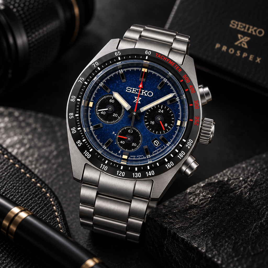 Seiko Prospex Speedtimer SSC815 blue dial dark studio angled view