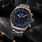 Seiko Prospex Speedtimer SSC815 blue dial dark studio angled view