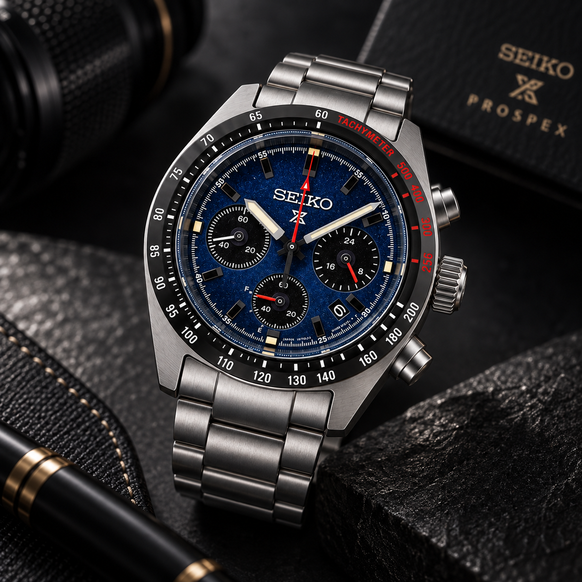 Seiko Prospex Speedtimer SSC815 blue dial dark studio angled view