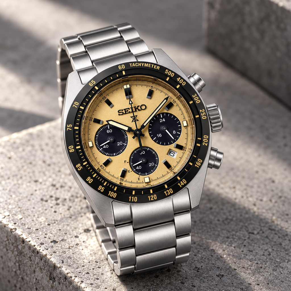Seiko Prospex Speedtimer SSC817 gold dial angled product view on stone
