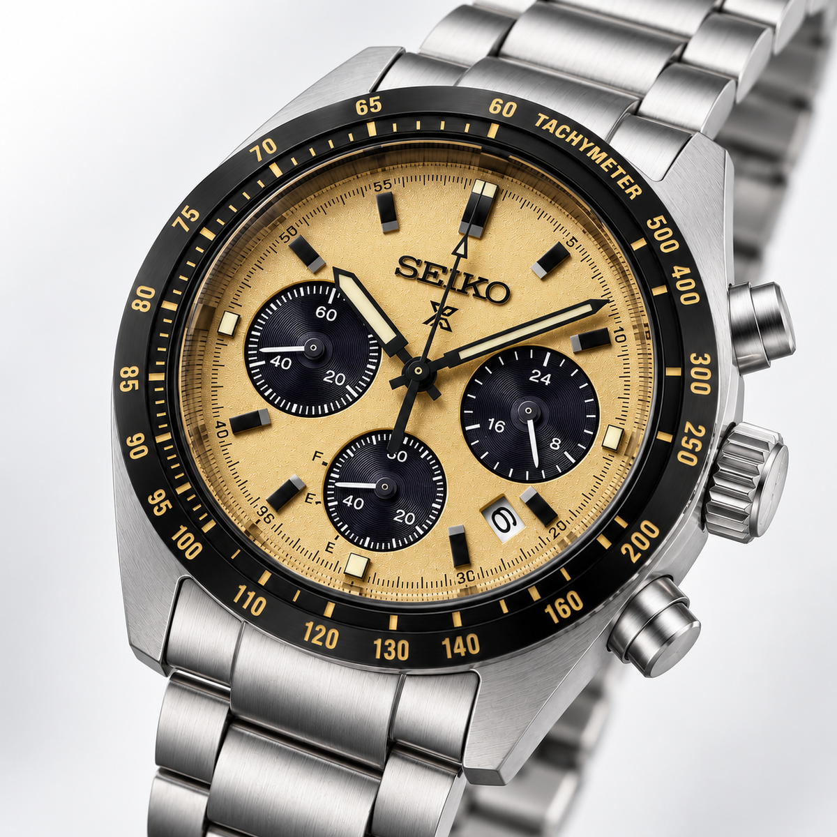 Seiko Prospex Speedtimer SSC817 gold dial studio product view