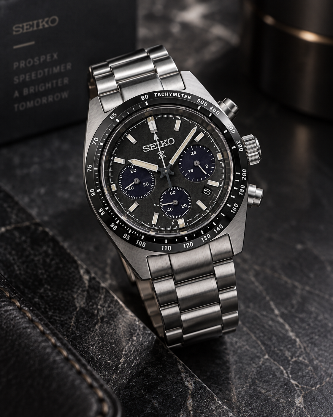 Seiko Prospex Speedtimer SSC819 dark studio angled view
