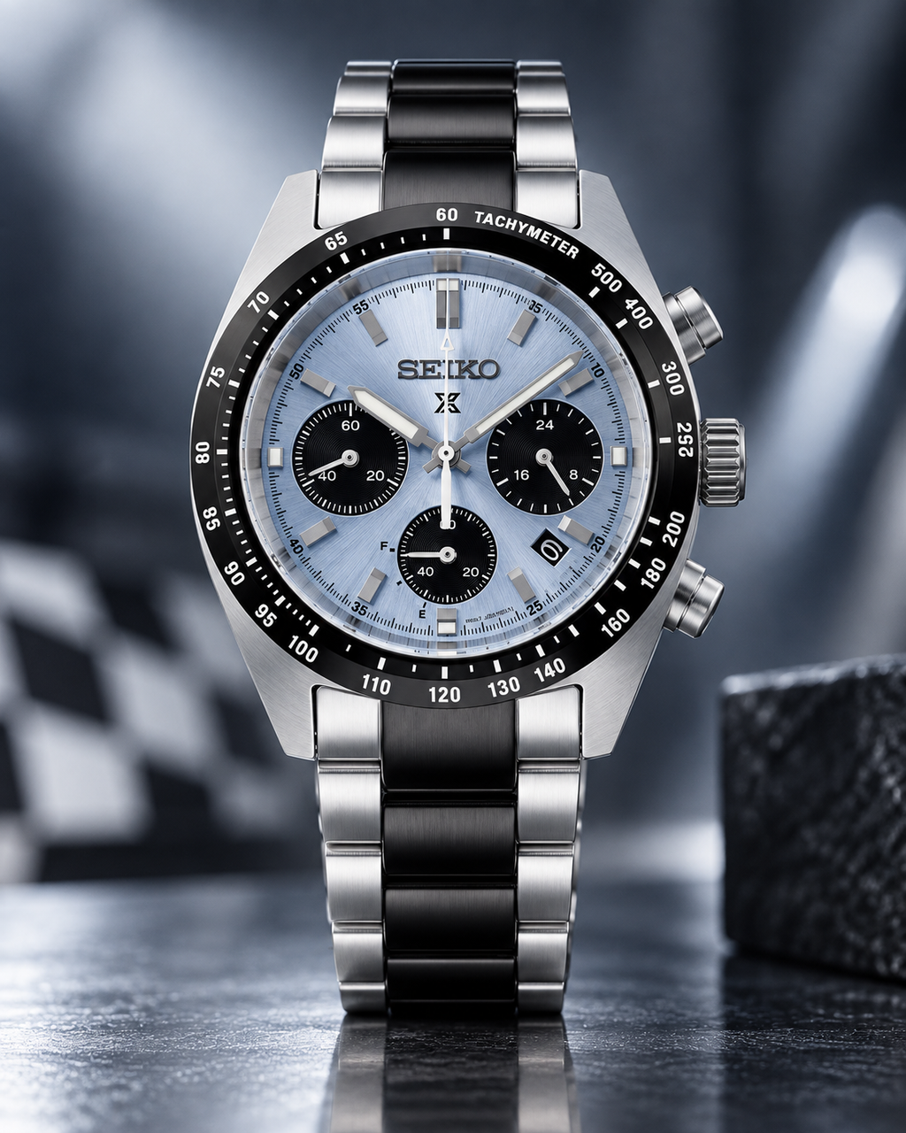 Seiko Prospex Speedtimer SSC909 pale blue dial upright studio view