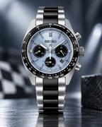 Seiko Prospex Speedtimer SSC909 pale blue dial upright studio view