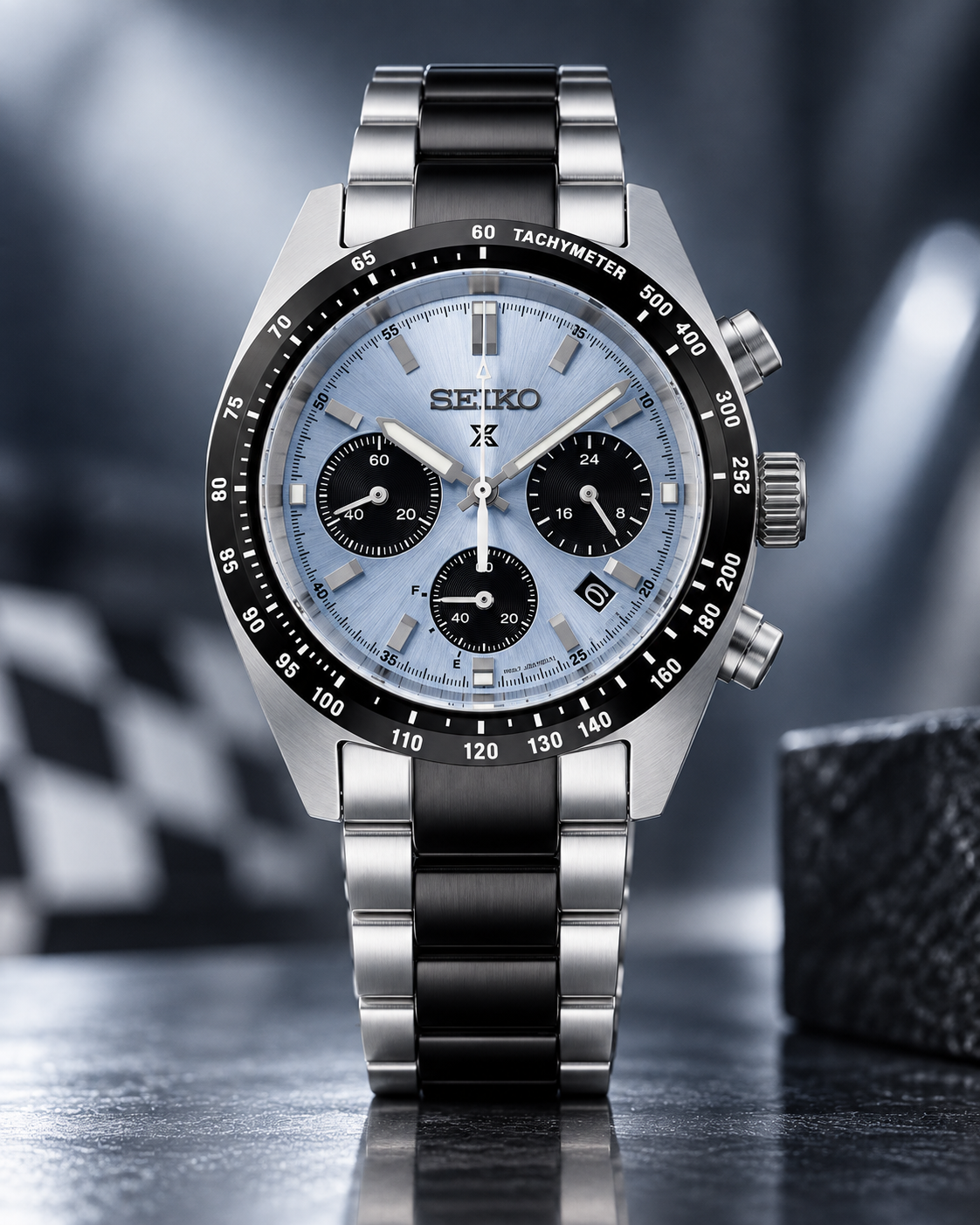 Seiko Prospex Speedtimer SSC909 pale blue dial upright studio view