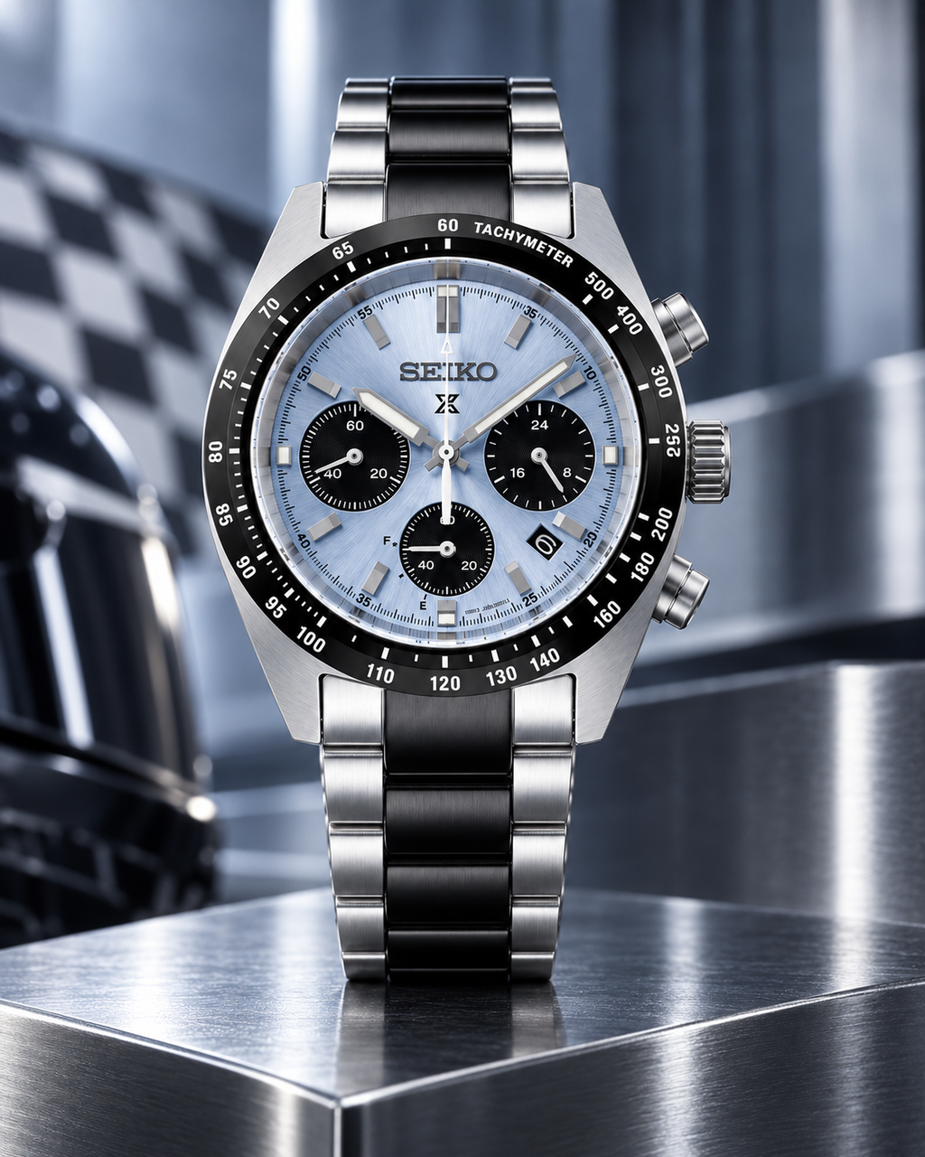 Seiko Prospex Speedtimer SSC909 pale blue dial upright racing-inspired view